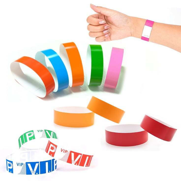 Colorful paper wristbands in orange blue green pink and red with VIP printed designs