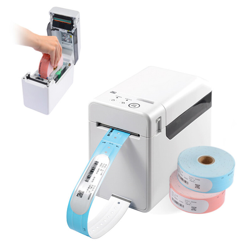 Desktop thermal printer loading pink and blue patient wristband rolls for on-demand printing