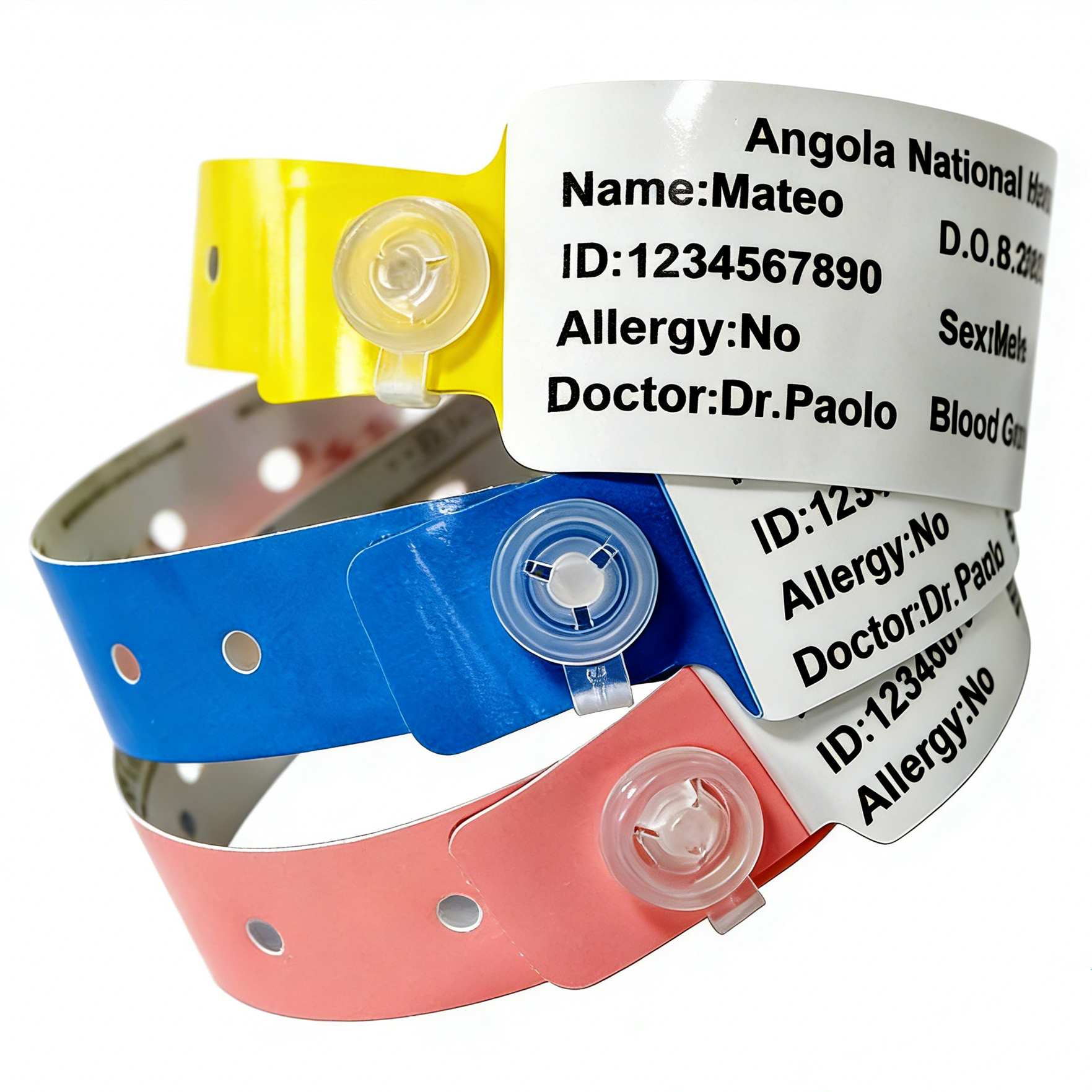 Yellow, blue and pink patient wristbands with printed name, ID, allergy and doctor fields