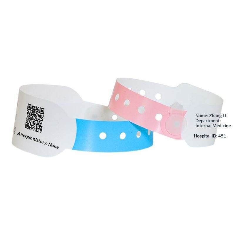 Pink and blue patient ID wristbands printed with QR code, patient name, department and hospital ID