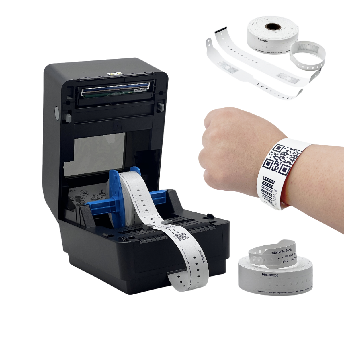 Thermal wristband printer loaded with white wristband roll beside a wrist wearing a printed QR code and barcode patient identification band
