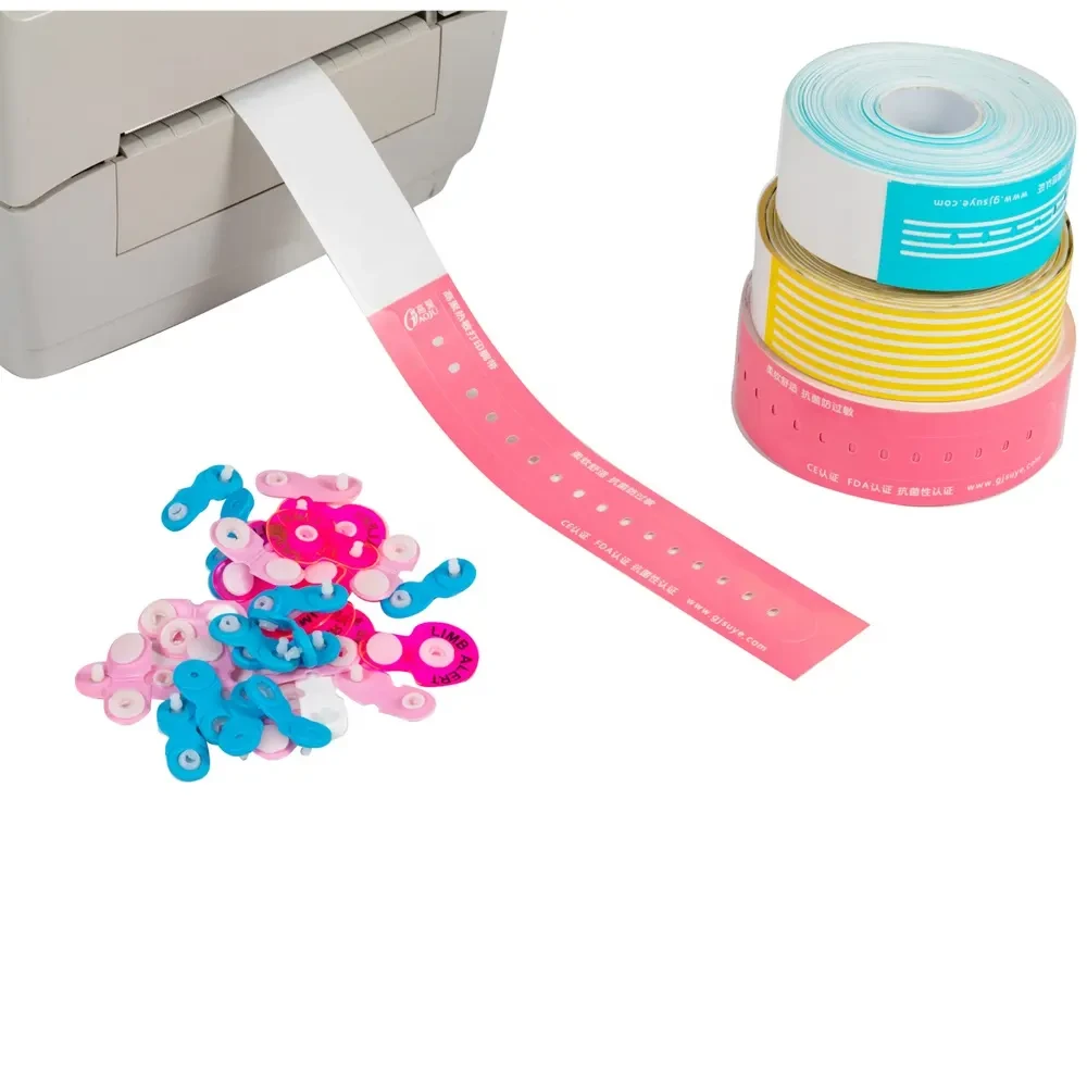 Blue and white thermal wristband rolls with printed patient information bands