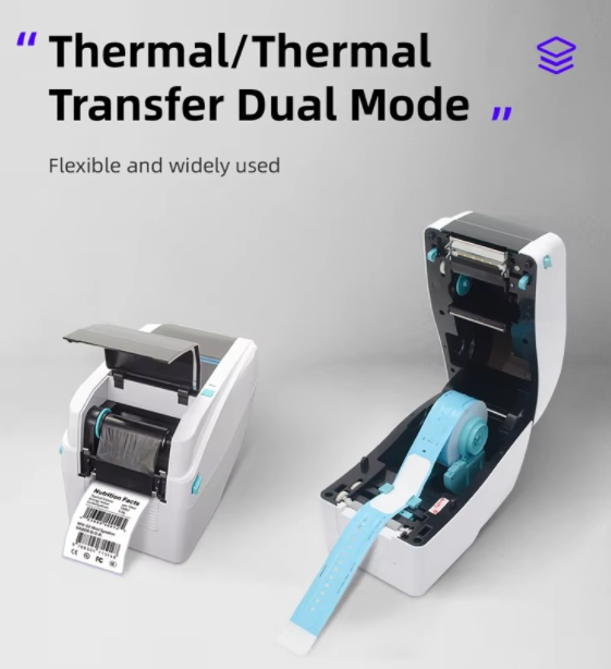 Thermal and thermal transfer dual mode wristband printers with loaded rolls
