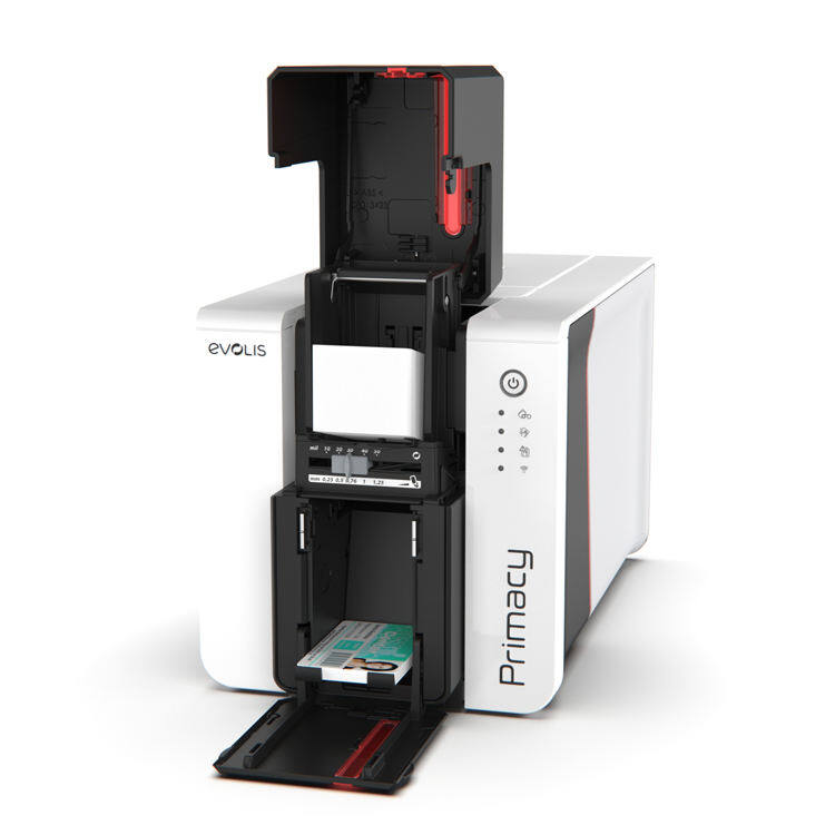 Card printer with open panels used for producing patient identification cards and wristband inserts