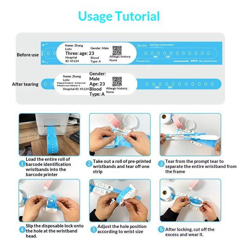 Step-by-step usage tutorial for loading, tearing, locking and trimming printed patient wristbands