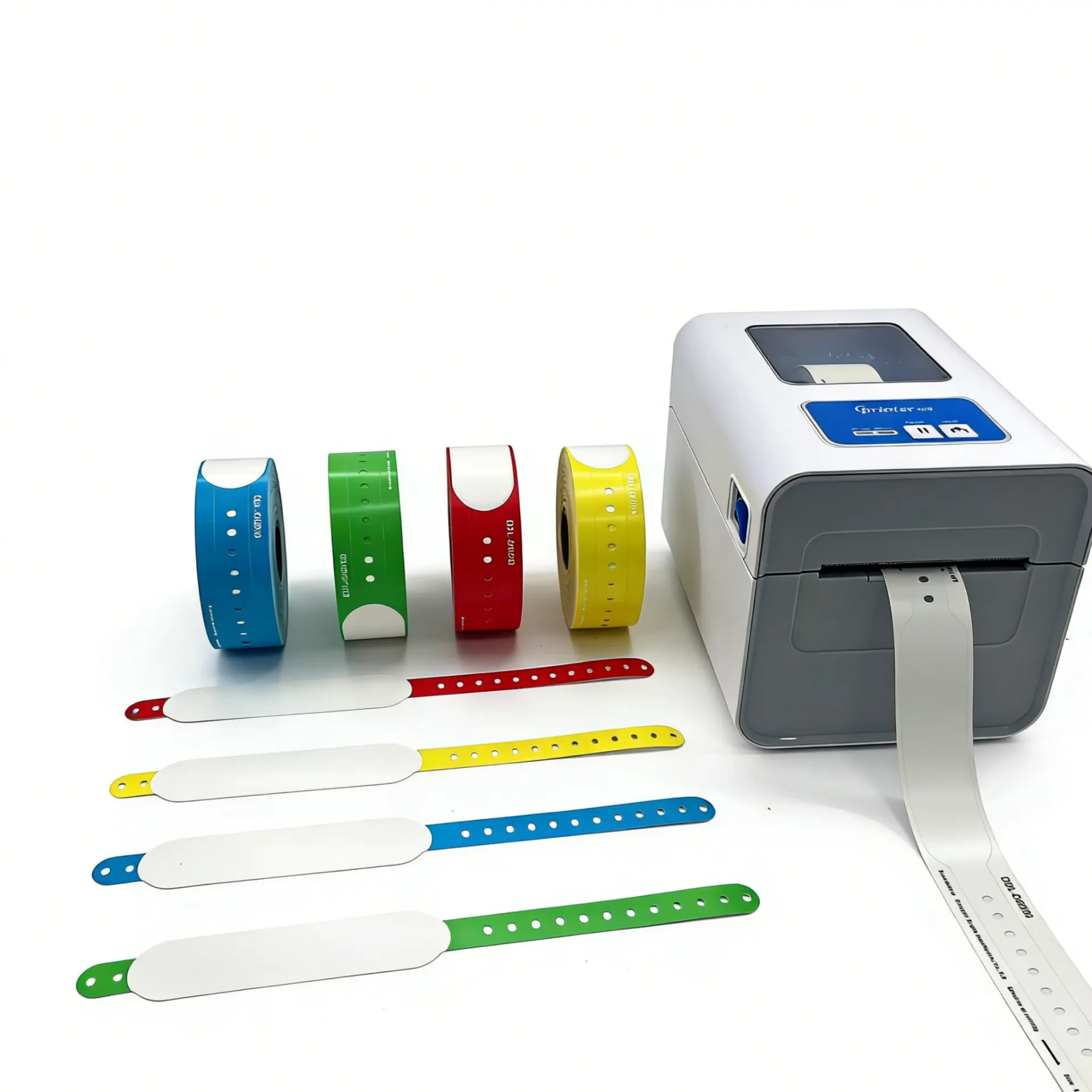 Printer beside blue, green, red and yellow wristband rolls and flat bands