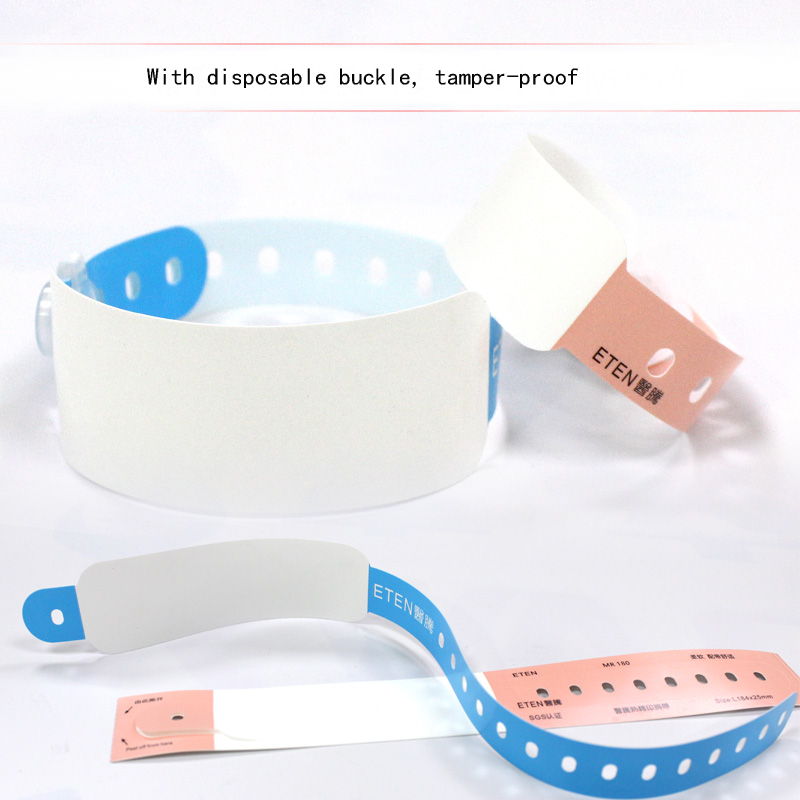 Soft white and blue patient wristbands with disposable tamper-proof buckles