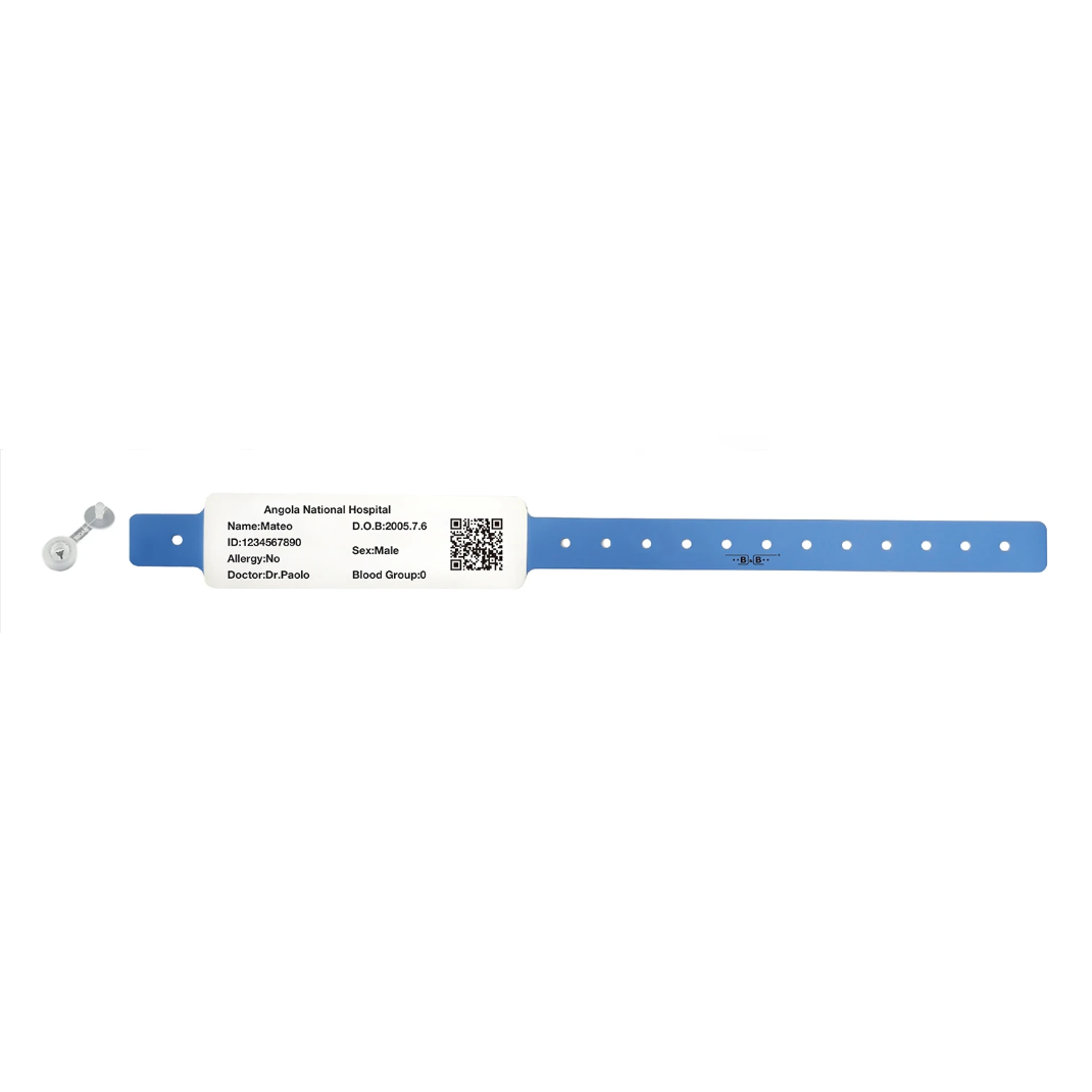 Blue hospital wristband with printed patient label, QR code and adjustment holes laid flat