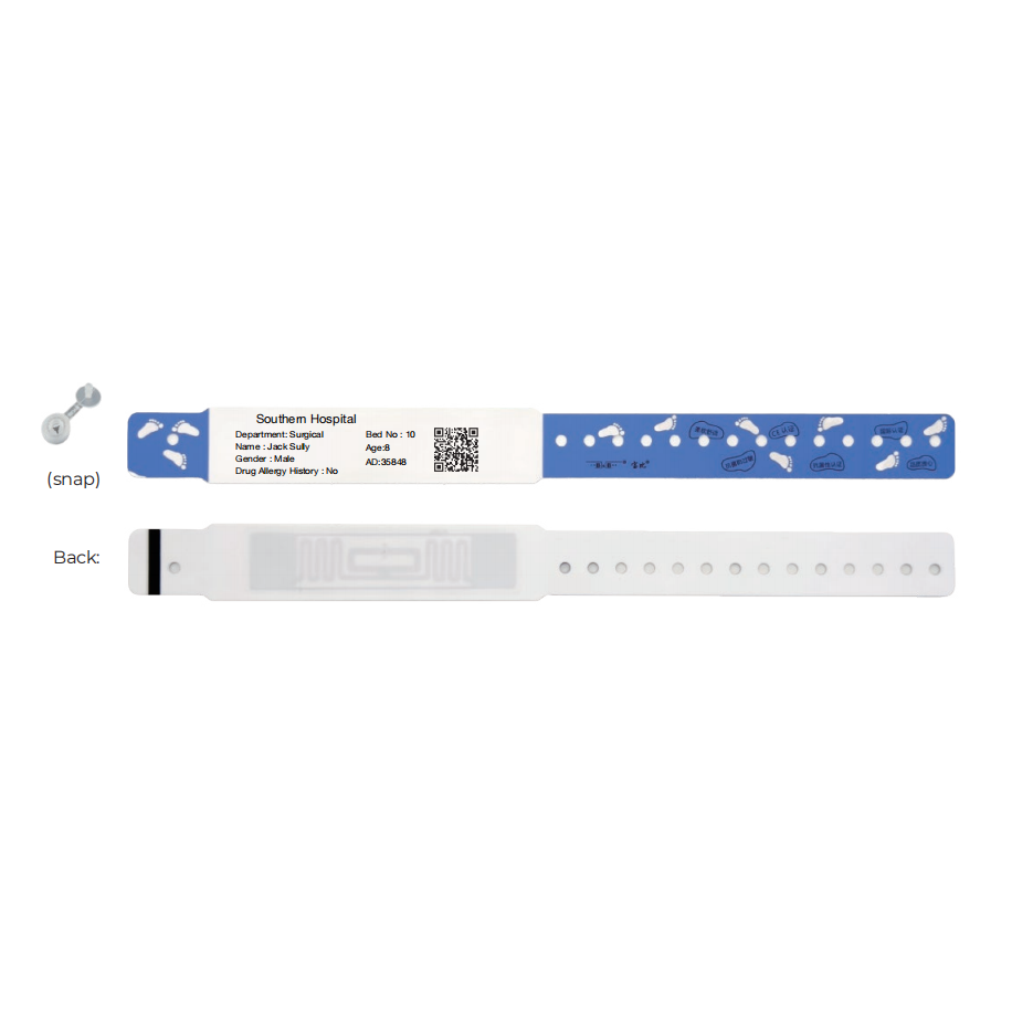 Blue RFID patient wristband with printed hospital label, QR code and embedded chip on the back