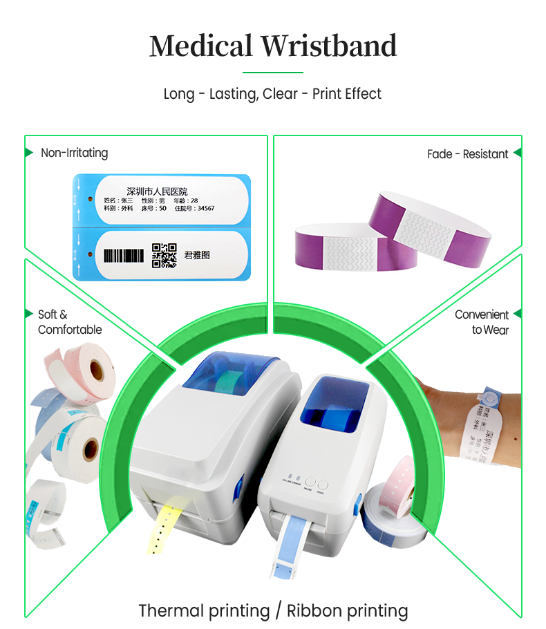 Medical wristband thermal and ribbon printing solutions showing non-irritating, fade-resistant, soft and comfortable bands
