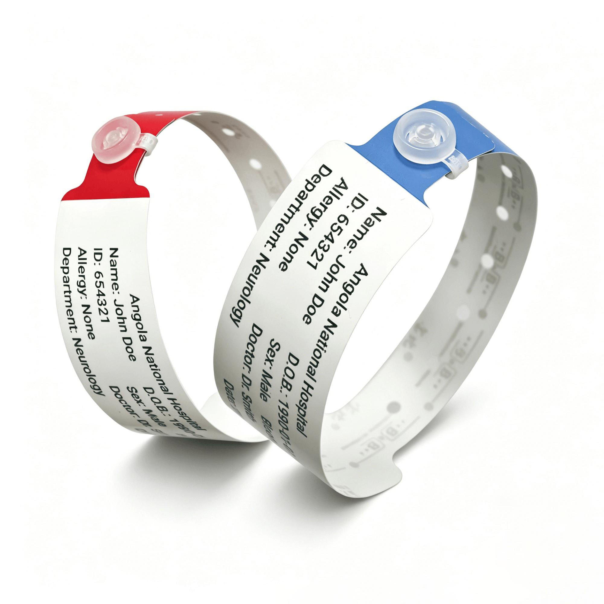 Red and blue printed patient wristbands with snap closures showing name, ID and department fields