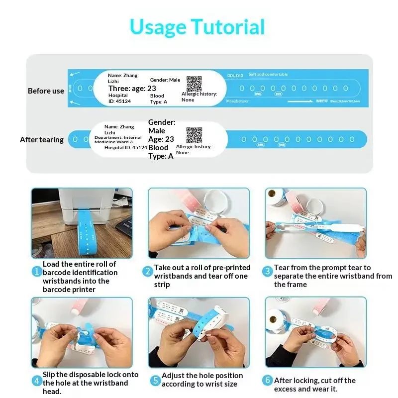 Usage tutorial showing printed wristband fields and six application steps