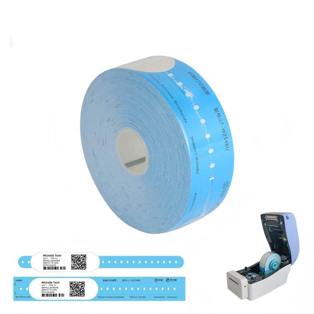 Blue thermal printable wristband roll with portable printer showing product packaging