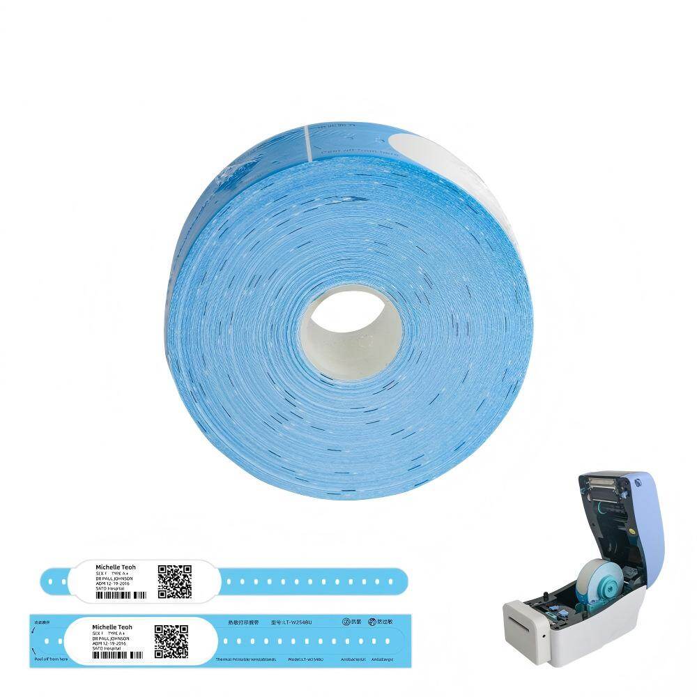 Large blue wristband roll showing antibacterial and antiallergic properties with portable printer