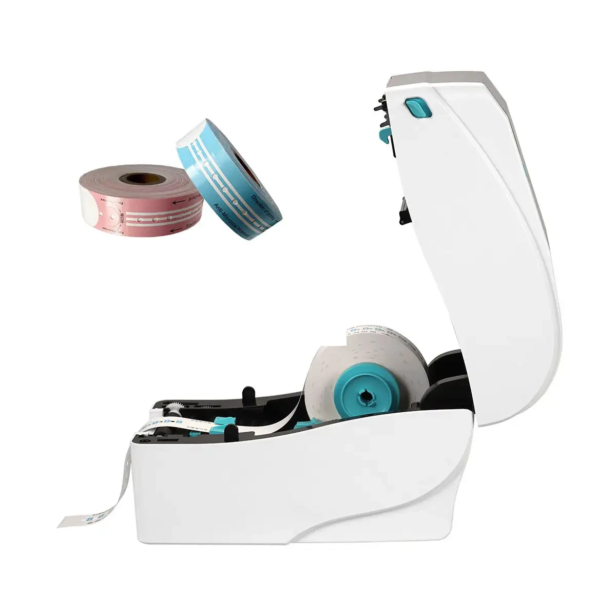 Open thermal wristband printer with pink and blue rolls and anti-microbial bands