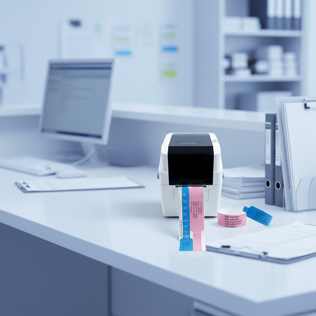 Thermal wristband printer on hospital desk with patient identification supplies