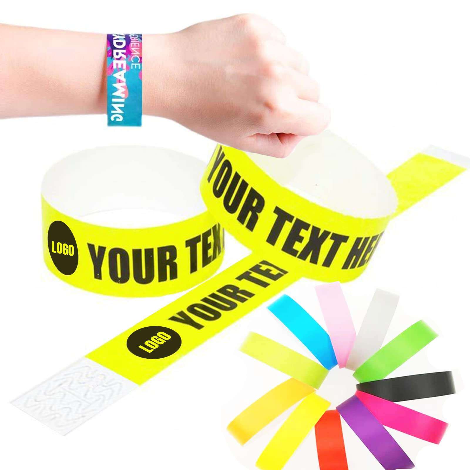 Yellow custom text wristbands with logo printing showing personalized design options