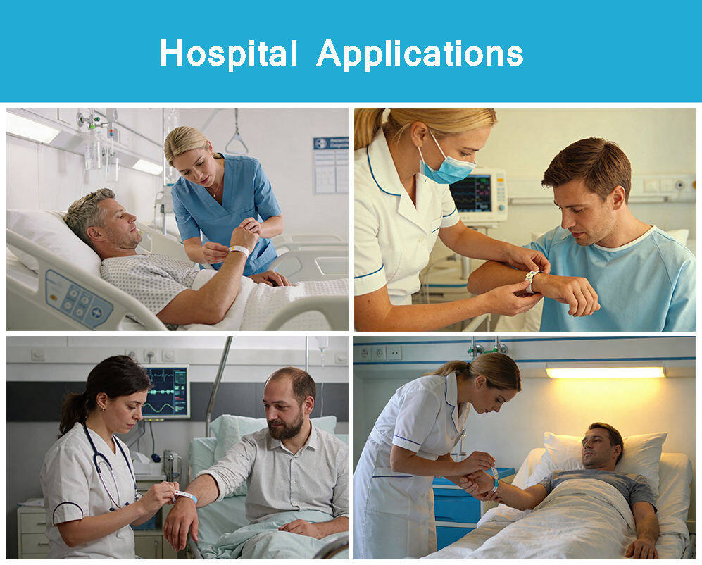 Hospital applications collage showing wristband usage across departments