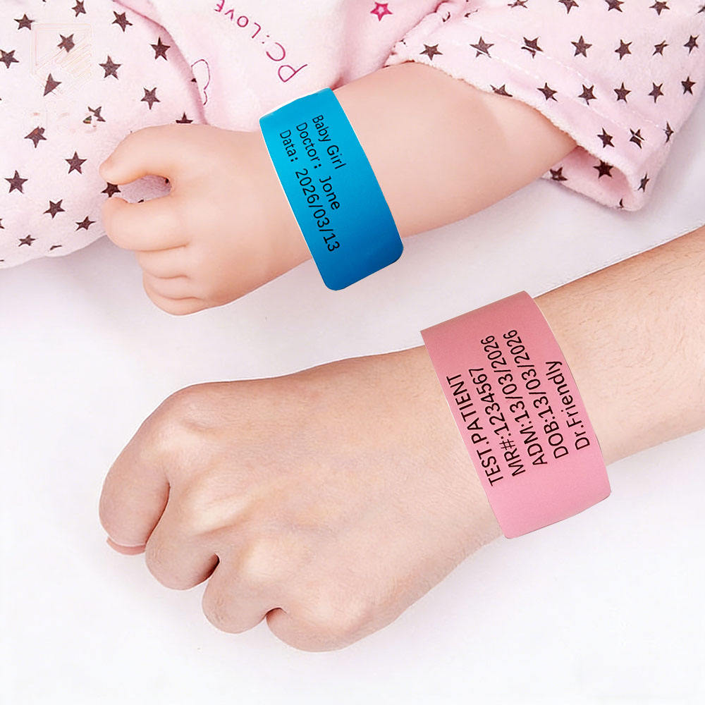 Baby and adult medical wristband size comparison showing dramatic difference in dimensions