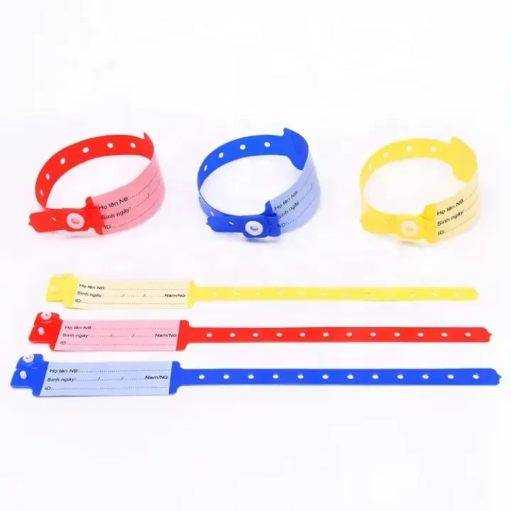 Three wristband loops and three flat bands in red, blue and yellow with Vietnamese patient fields