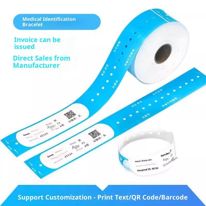 Blue thermal print wristband roll with customizable patient information and barcode options