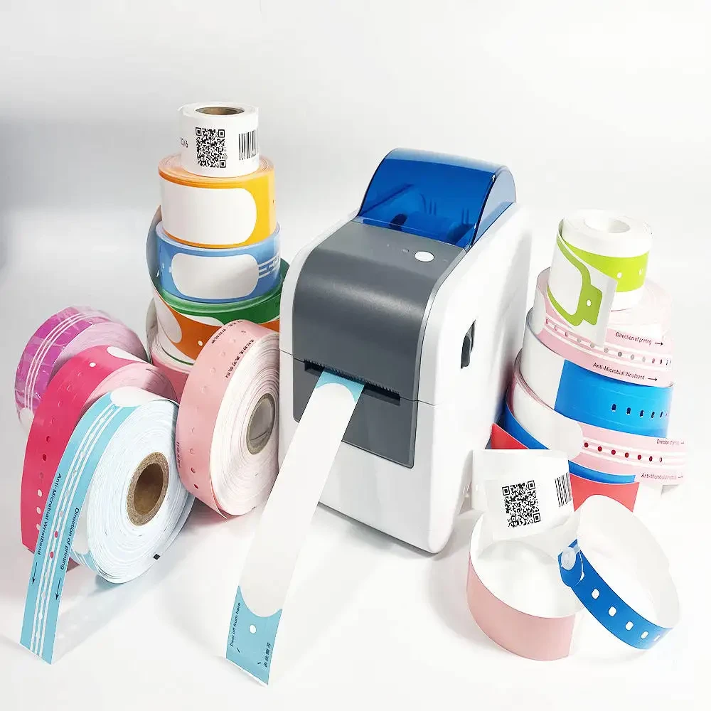 Thermal printer issuing a band surrounded by colorful anti-microbial wristband rolls