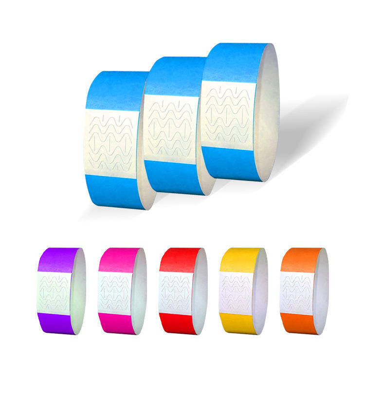 Rolls of waterproof thermal patient wristbands in blue, purple, pink, red, yellow and orange