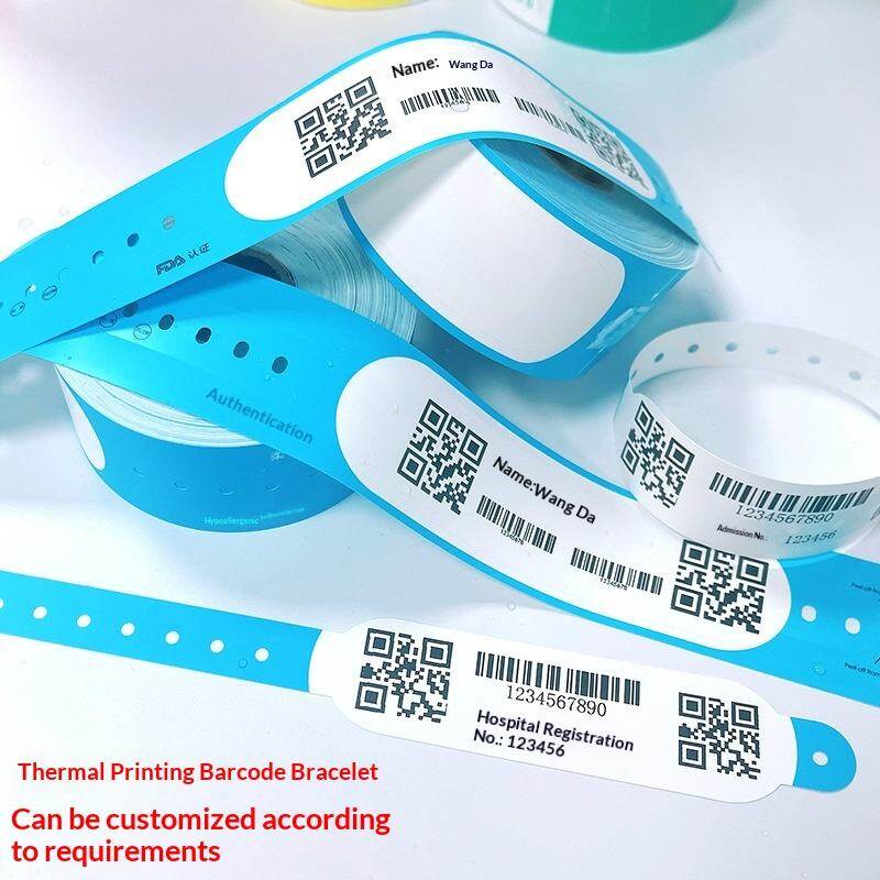Blue thermal printing barcode bracelets with QR codes, barcodes and patient name fields