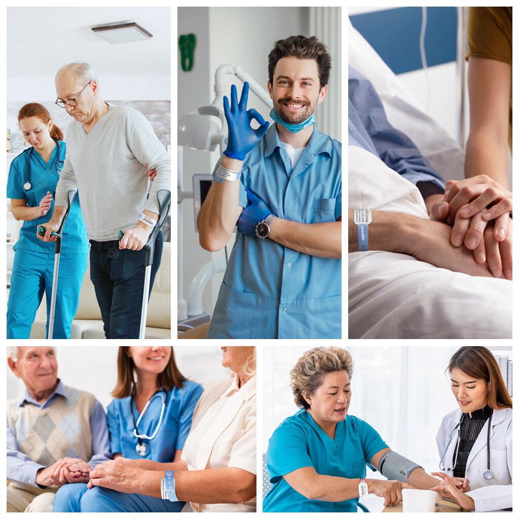 Healthcare professionals with elderly patients wearing medical wristbands in various clinical settings collage