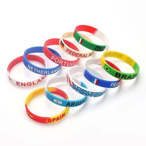 Silicone wristbands with country names and flags including England Netherlands Portugal Argentina Brazil France Spain