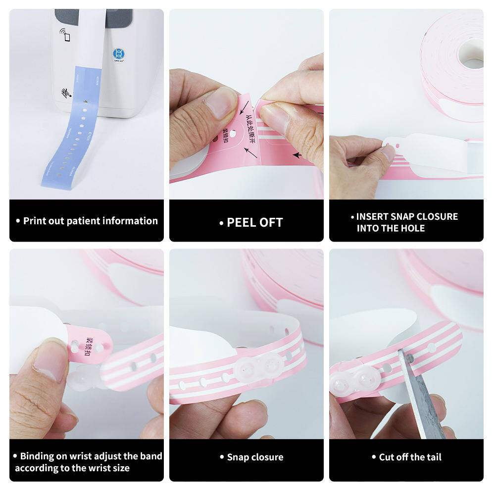 Six-step workflow of printing, peeling, snapping and trimming a patient identification wristband