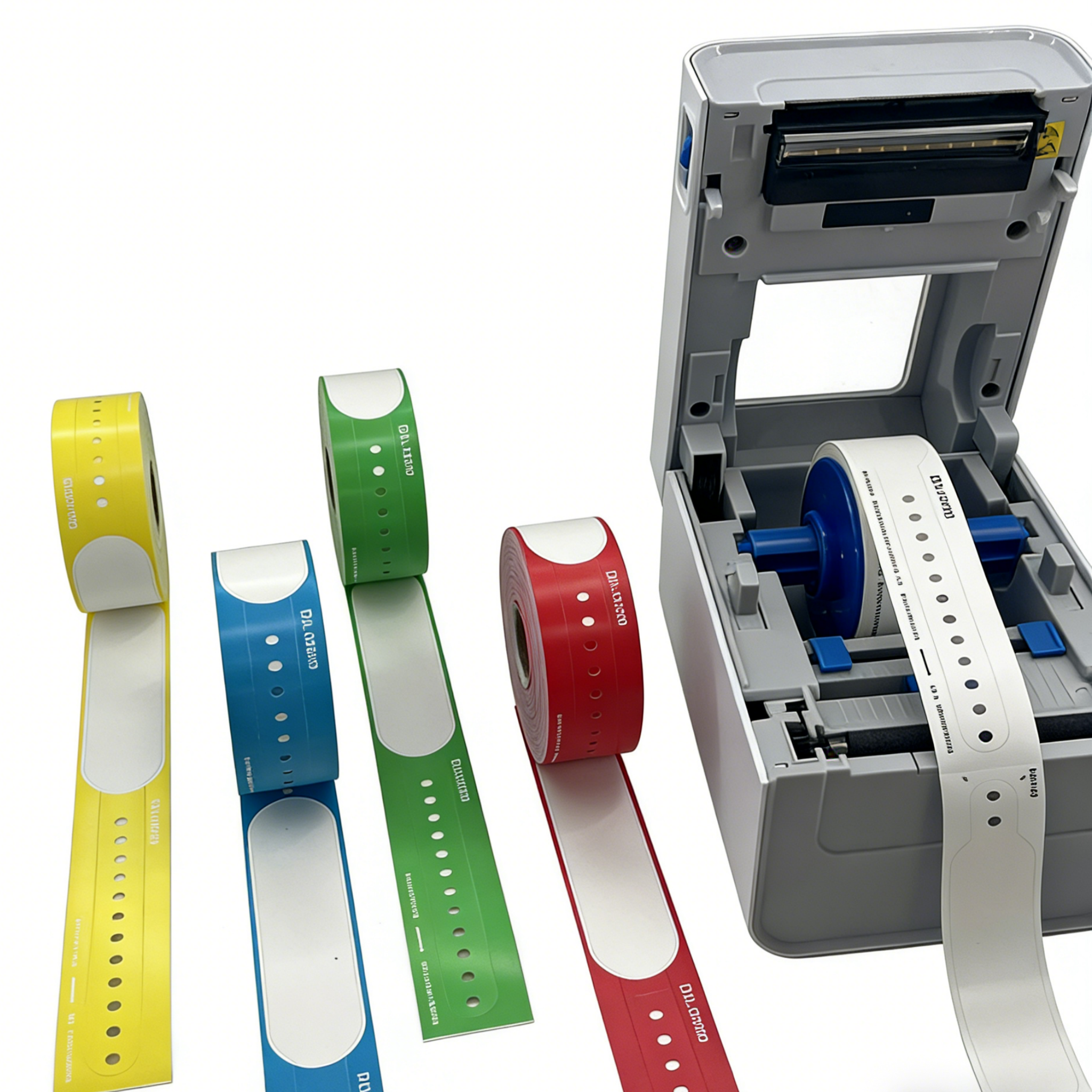 Color-coded patient wristbands displayed with thermal printer
