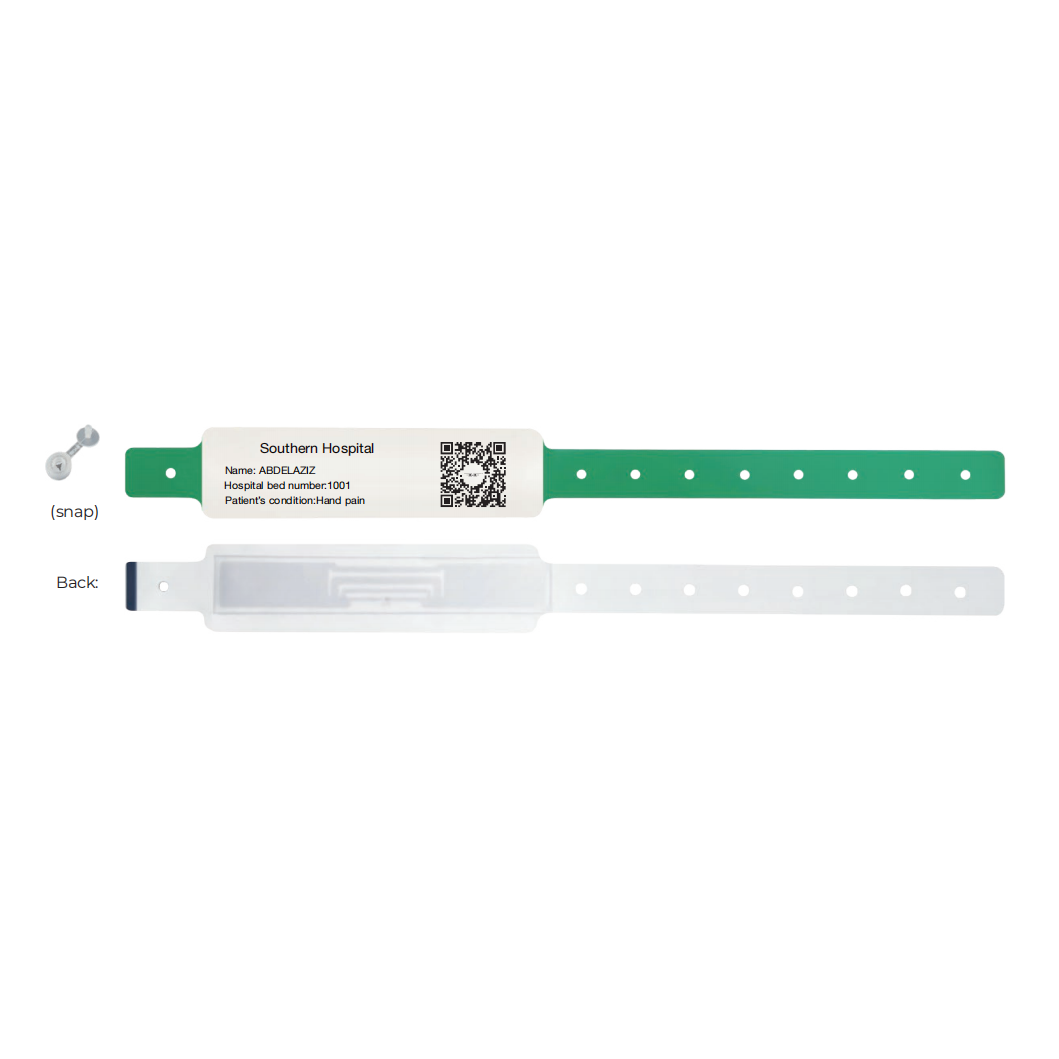 Green hospital wristband with printed patient label, QR code and RFID chip on the reverse side