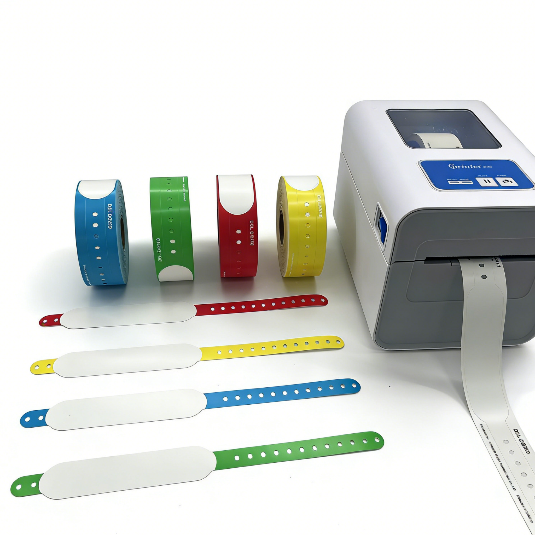 Rolls of colored medical wristbands beside a thermal wristband printer with printed bands laid out