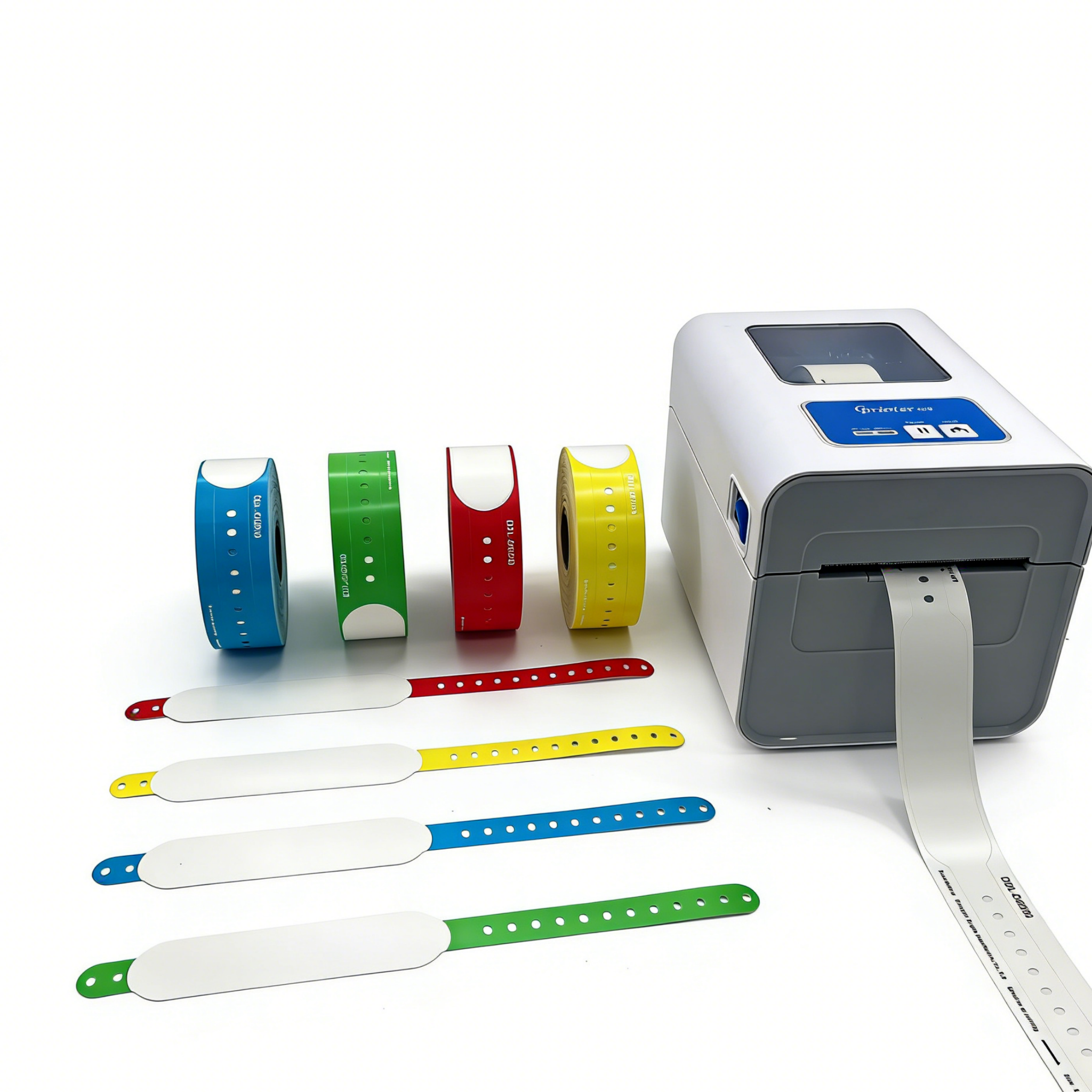 White thermal wristband printer with colorful wristband rolls in multiple sizes