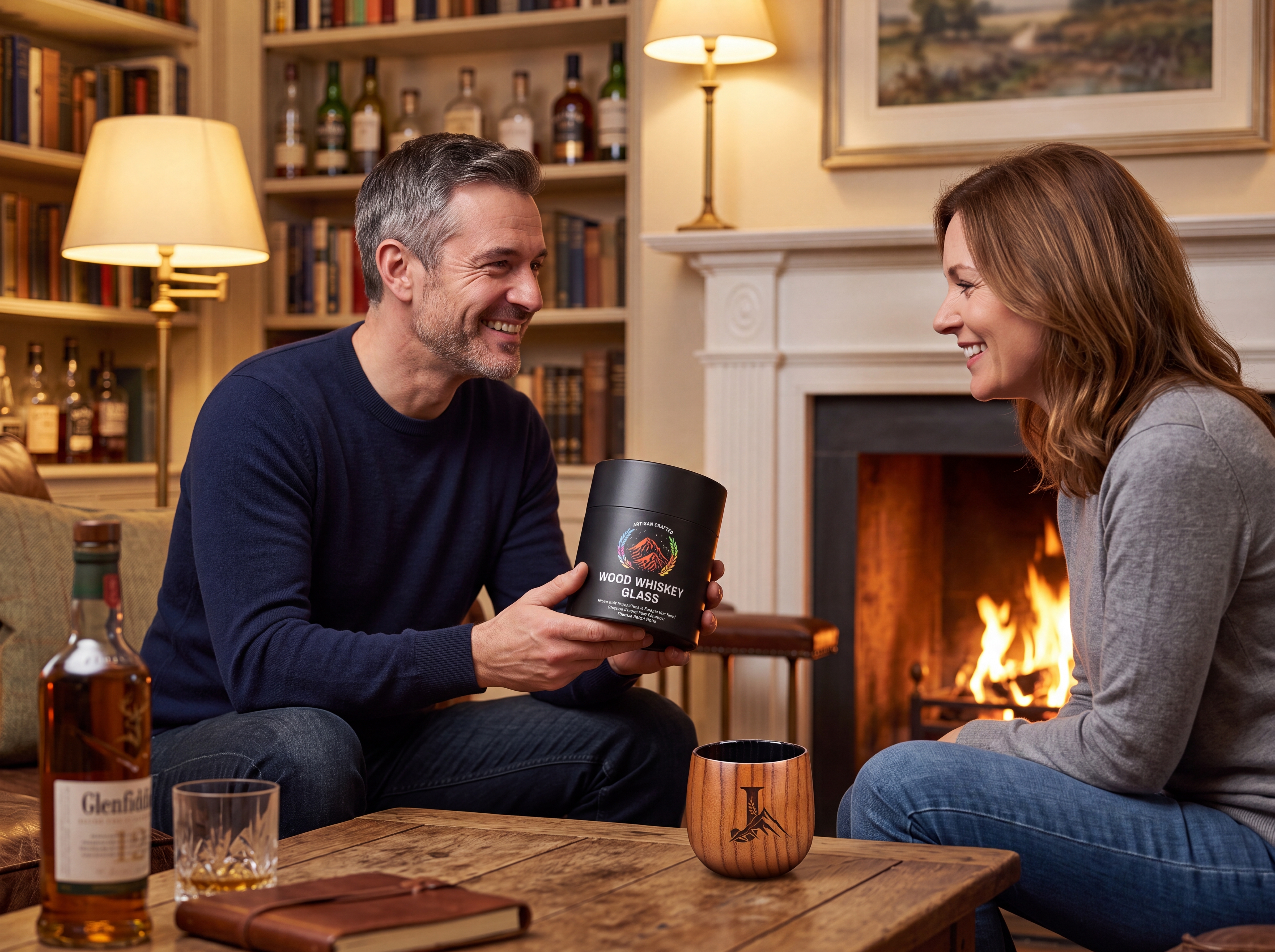Couple exchanging wooden whiskey glass gift by fireplace
