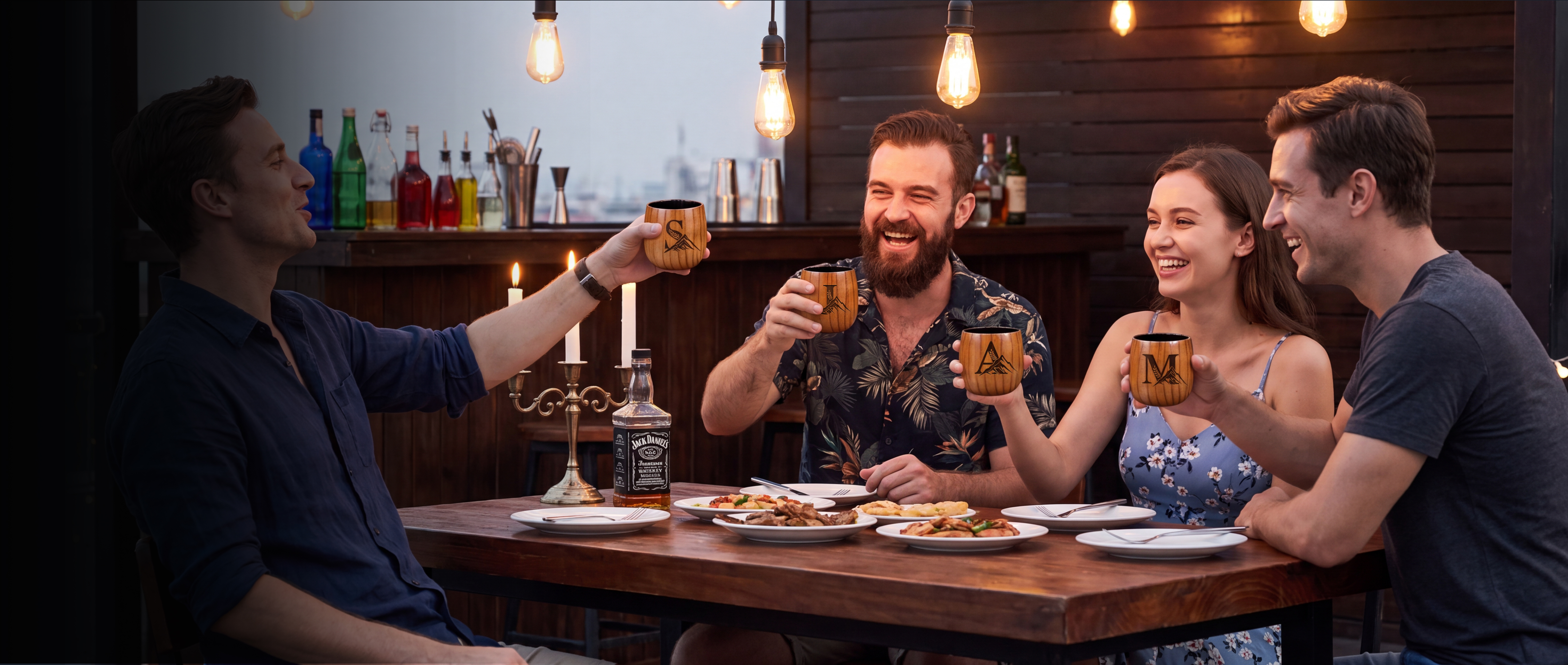 Wooden whiskey glass with luxury packaging on wood table