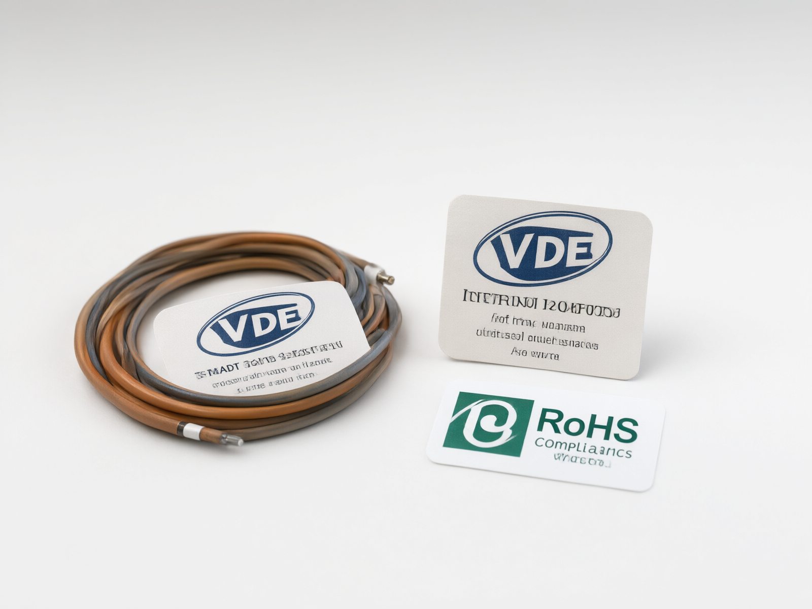 军标线产品与VDE认证标签及RoHS合规标识并列展示