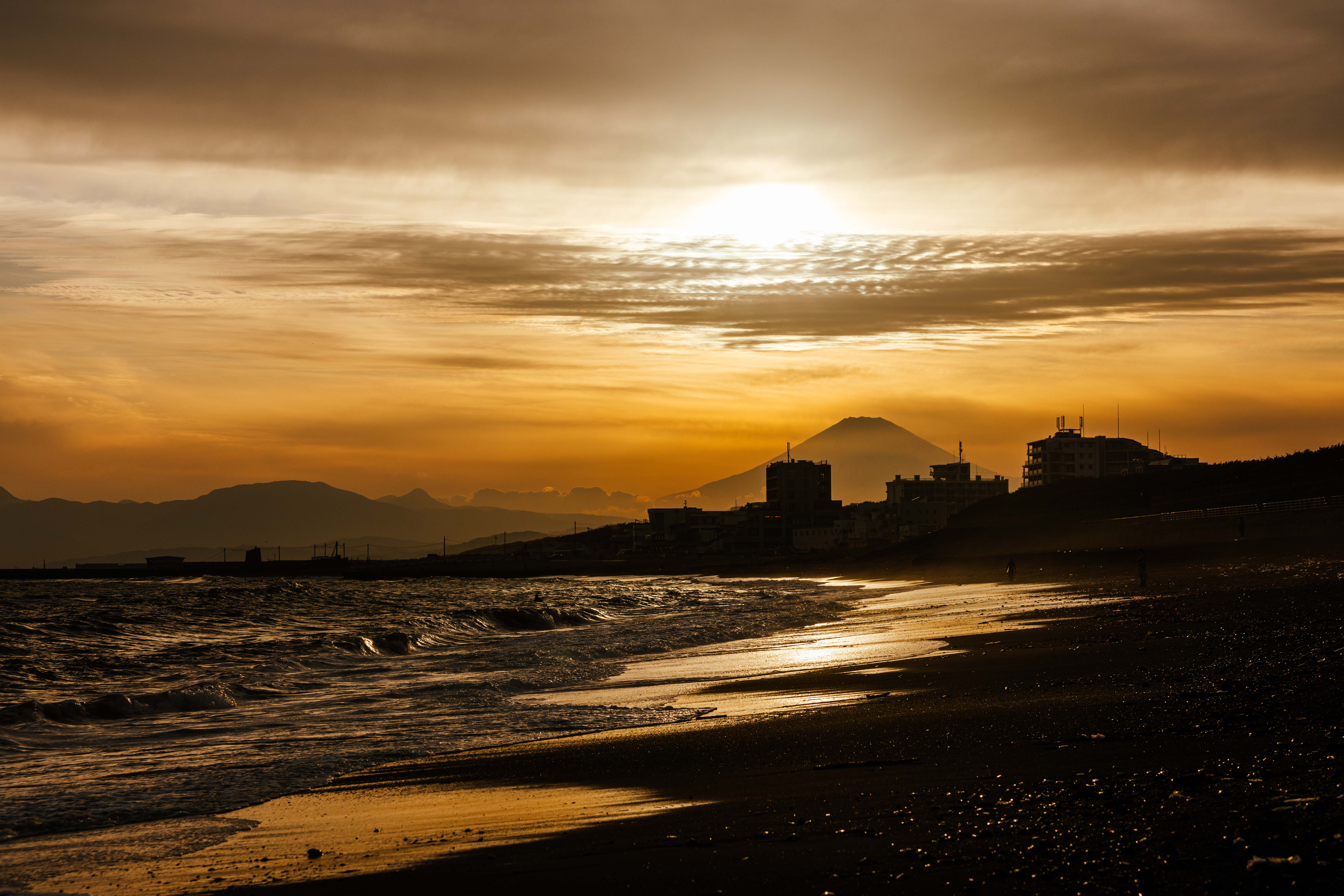 Sunset at the Beach with Mount Fuji