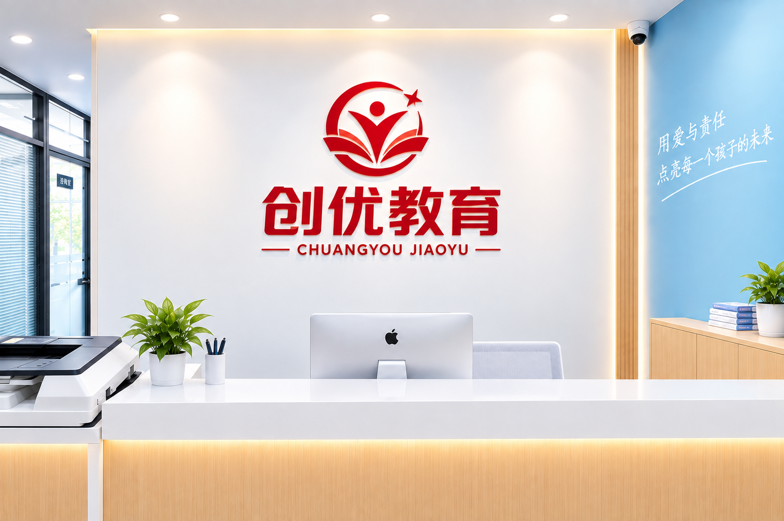 创优教育校区前台与品牌标识墙