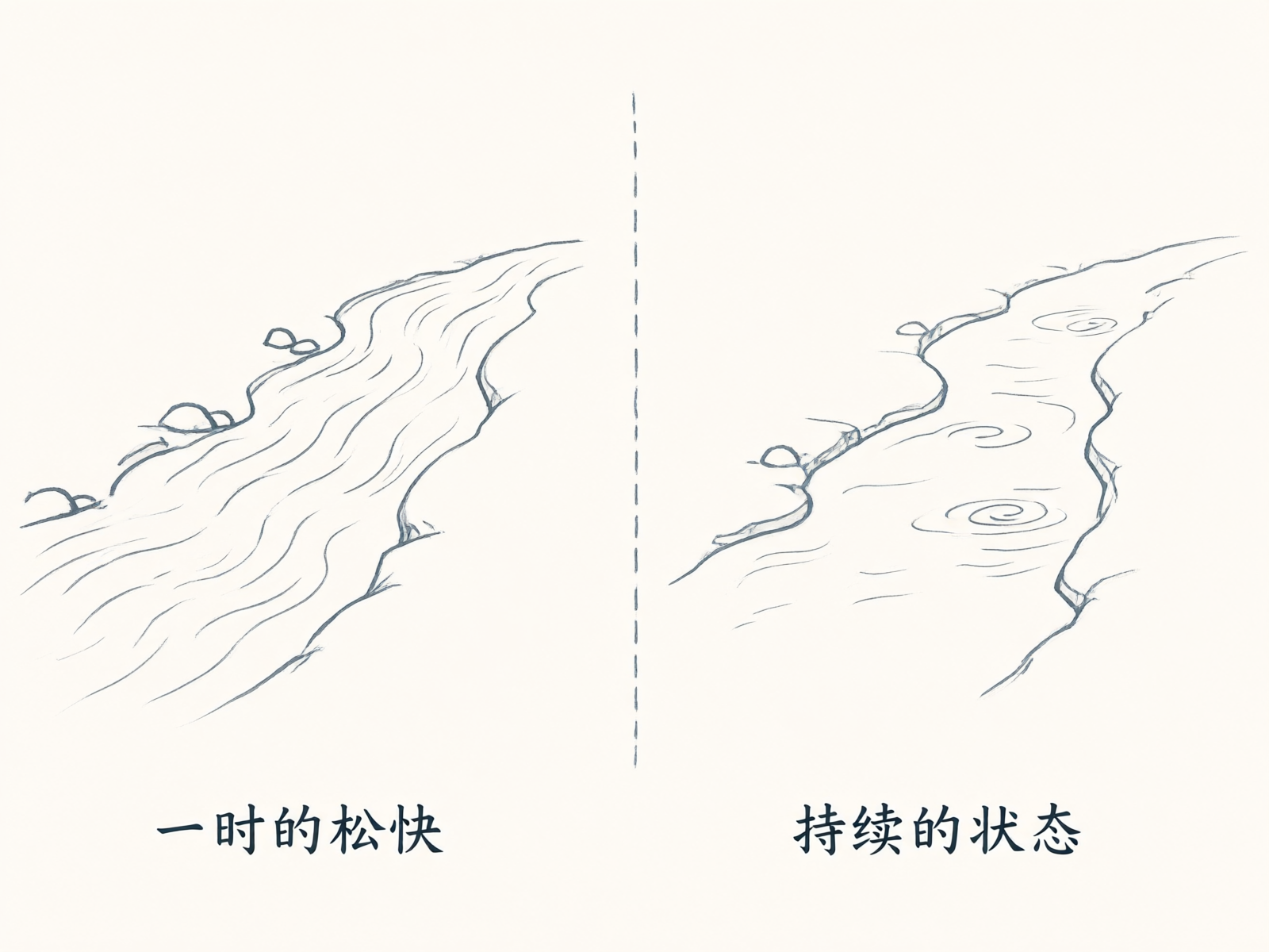 同一段河道在不同水势下的对比：左侧水流较快，右侧水流变缓
