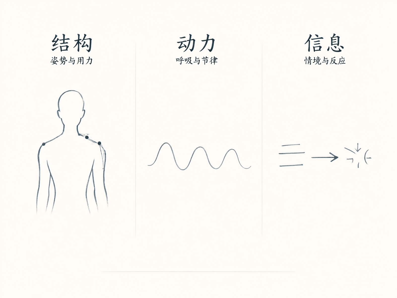 三个观察方向：结构｜姿势与用力，动力｜呼吸与节律，信息｜情境与反应