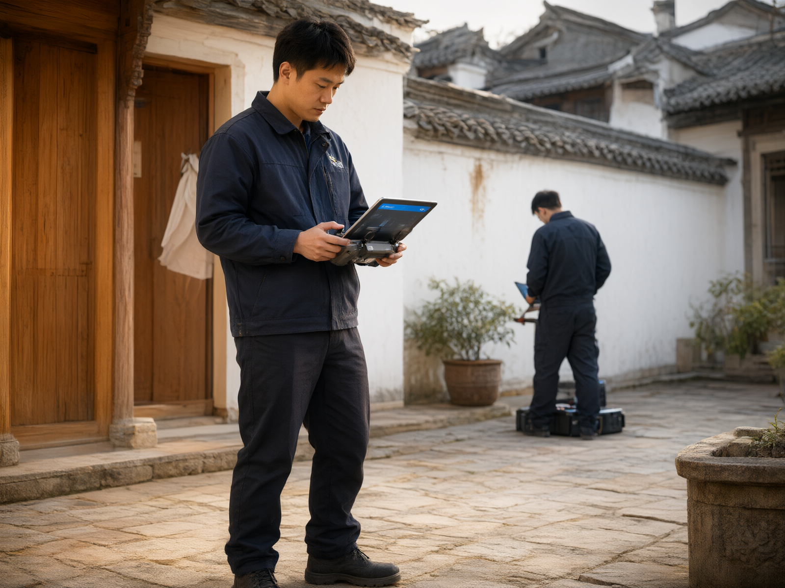 无人机操作人员在古建院落中手持遥控器作业