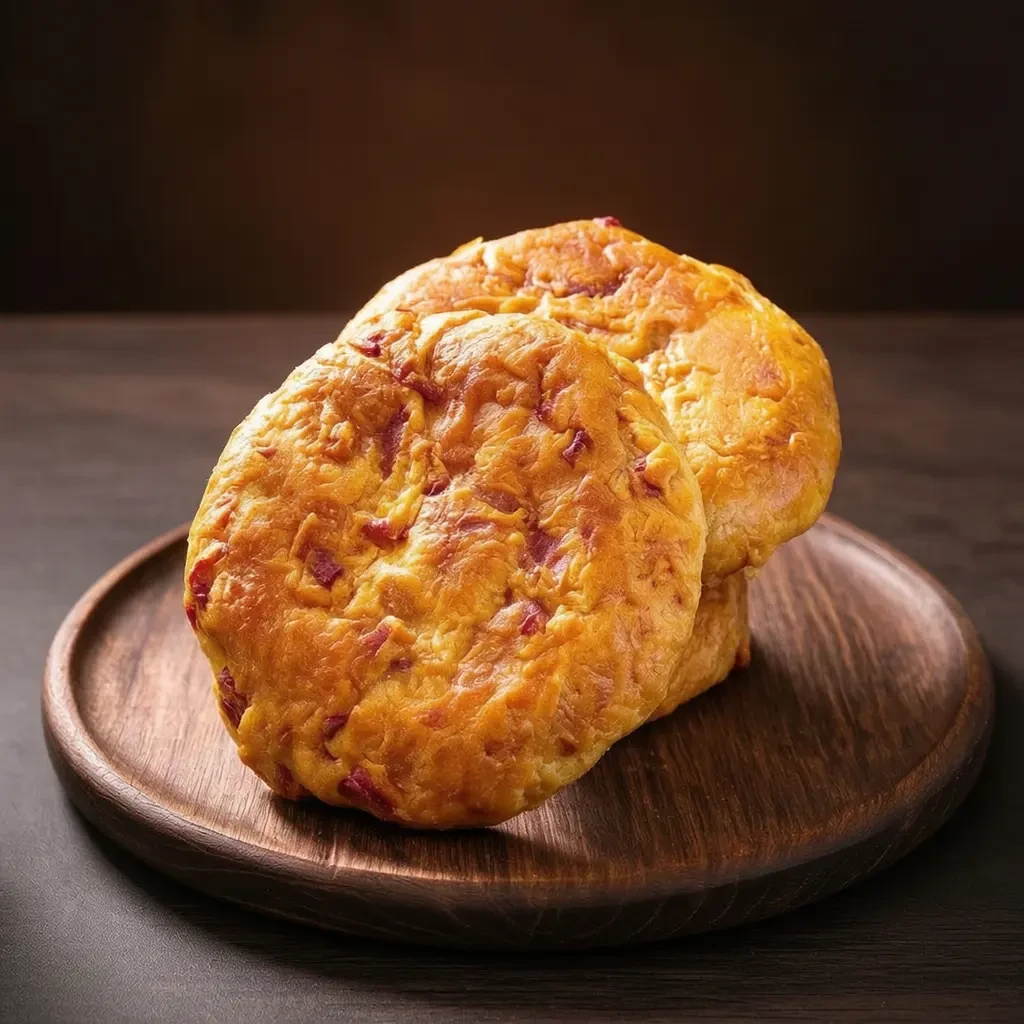 晋三元非遗大玫瑰饼，金黄酥皮上可见紫红色玫瑰馅颗粒，盛放在深色木质圆盘上
