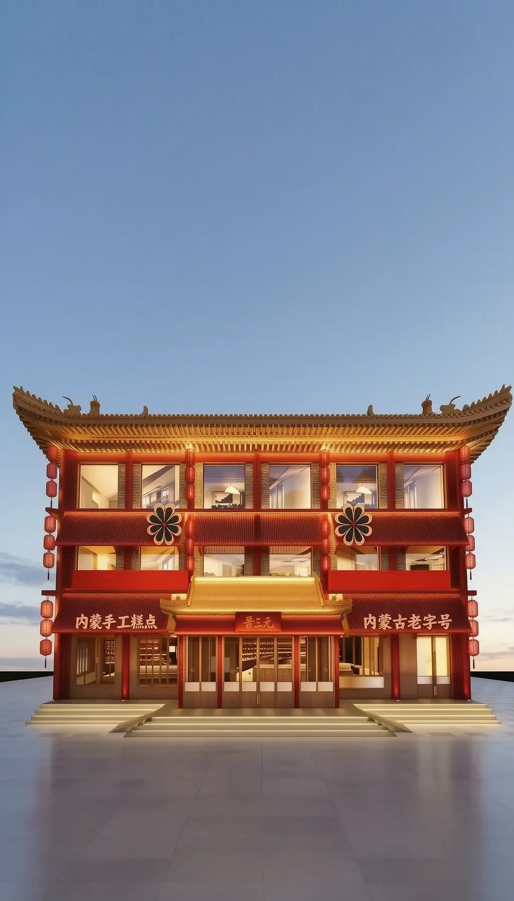 晋三元中式糕点门店傍晚夜景竖版，红金新中式三层门面位于画面中部，上方留出通透蓝天、底部裁切至台阶底边，门头设有内蒙手工糕点、晋三元与内蒙古老字号招牌