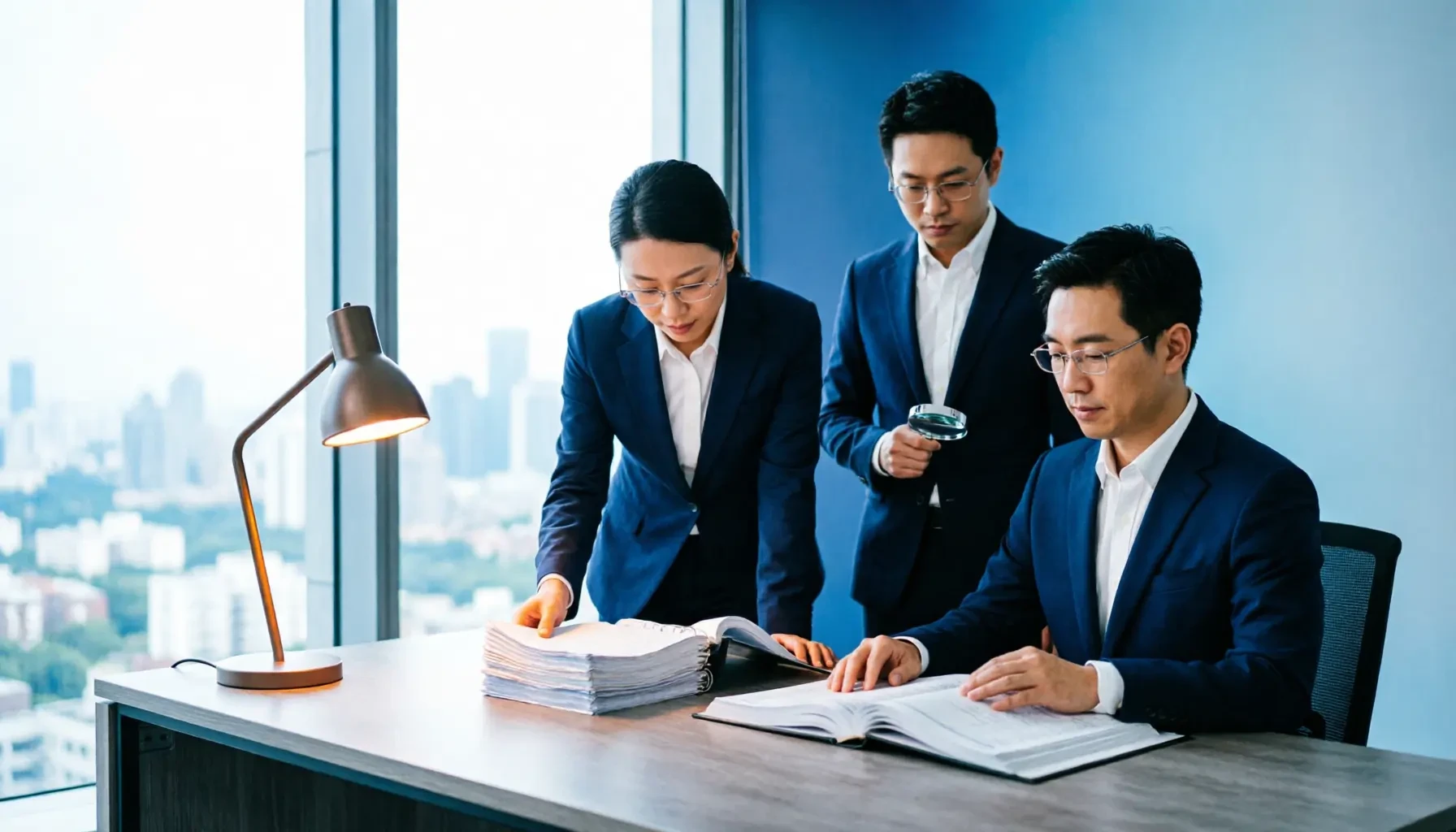 Accounting team reconciling bound ledgers with source documents at their desks.