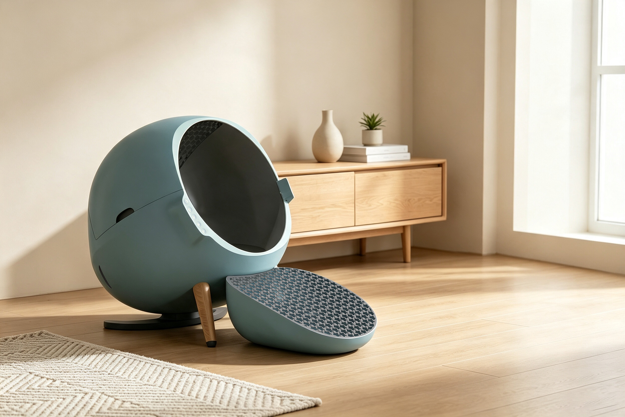 Pet Touch smart automatic cat litter box in modern home setting