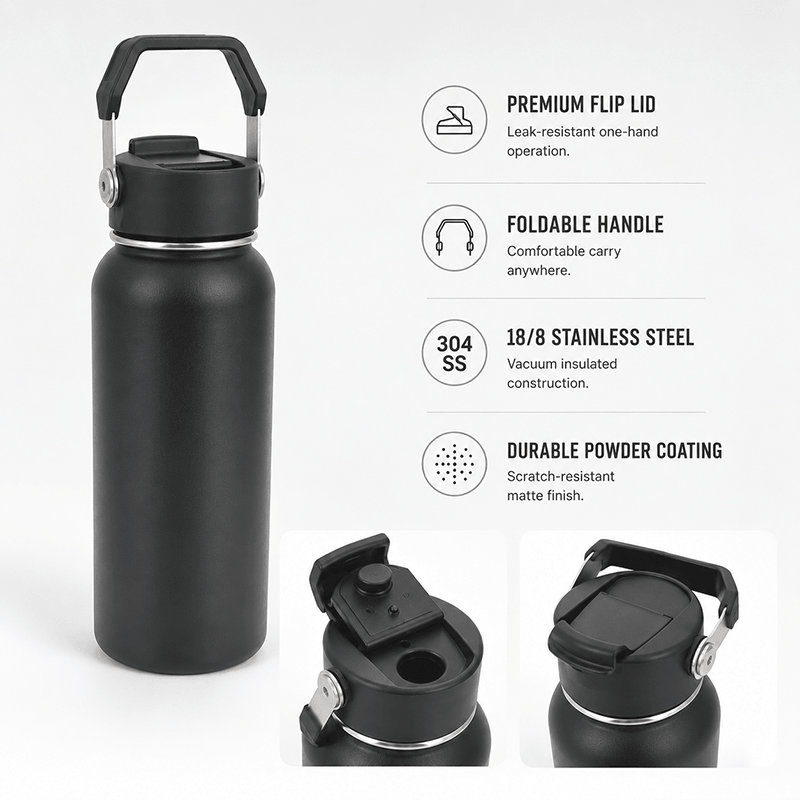Wide Mouth 304 Stainless Steel Water Bottle with Flip-Cap Chug Lid & Overmolded Handle thumbnail 4