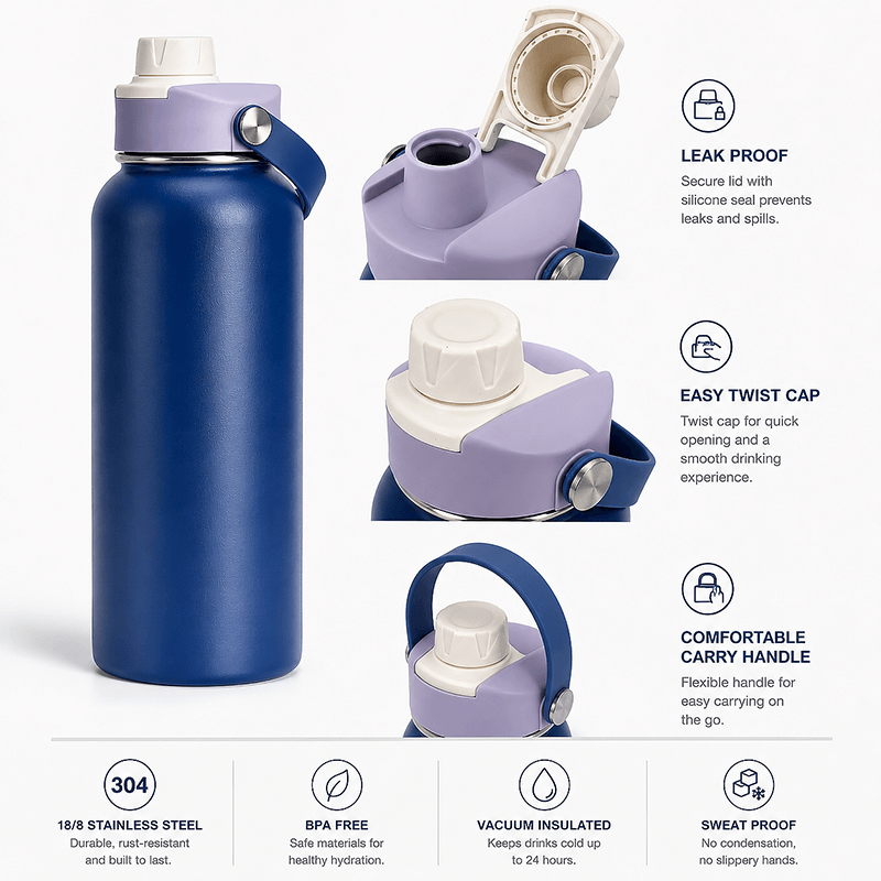 Wide Mouth 304 Stainless Steel Sports Bottle with Twist-Cap Chug Lid thumbnail 4