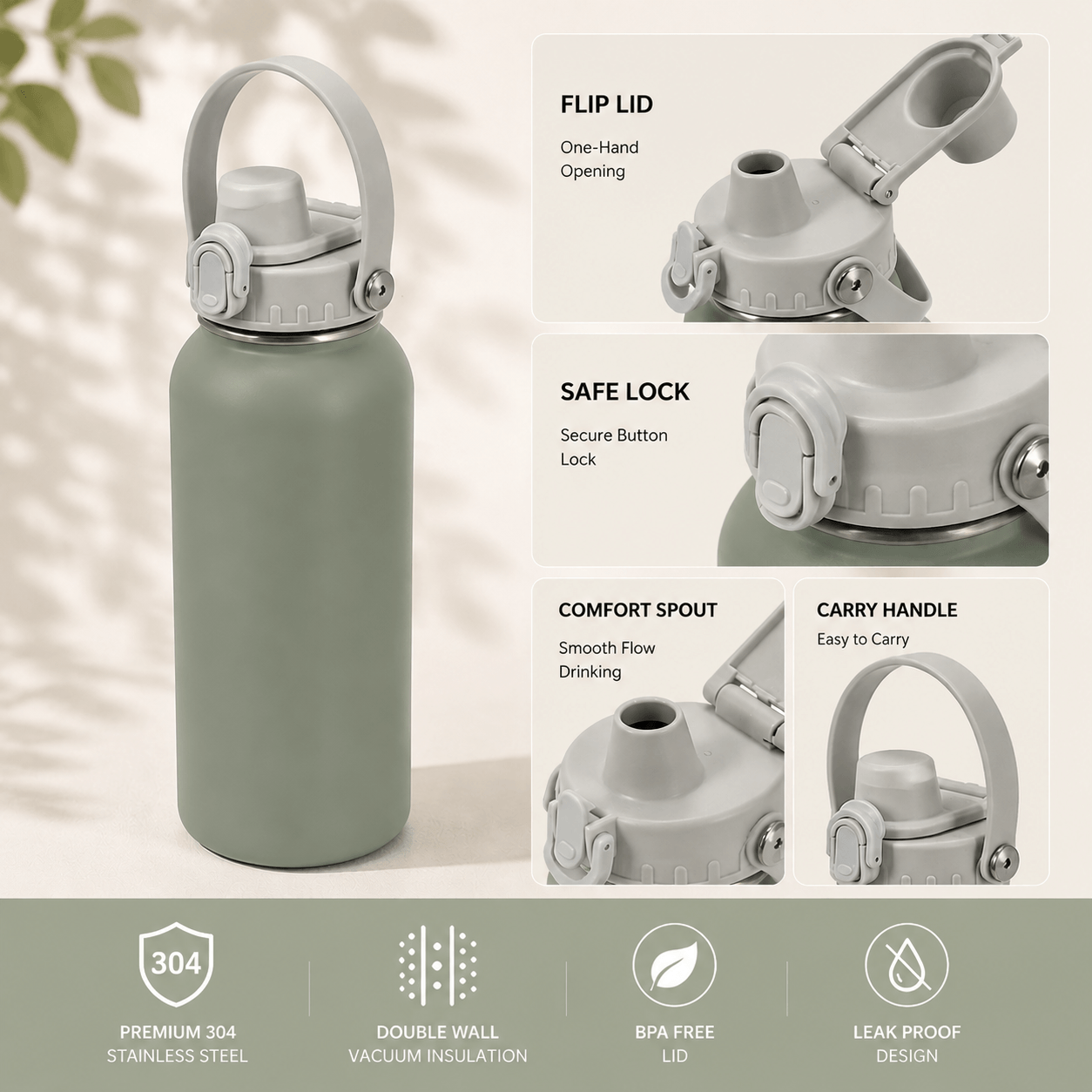 Wide Mouth 304 Stainless Steel Water Bottle with Auto-Pop Spout Lid & Safety Lock thumbnail 4